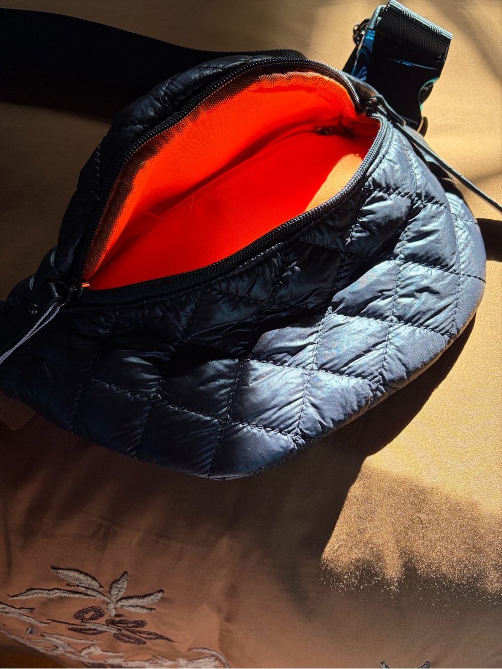 Quilted Men's Waist Bag with Bright Orange Lining